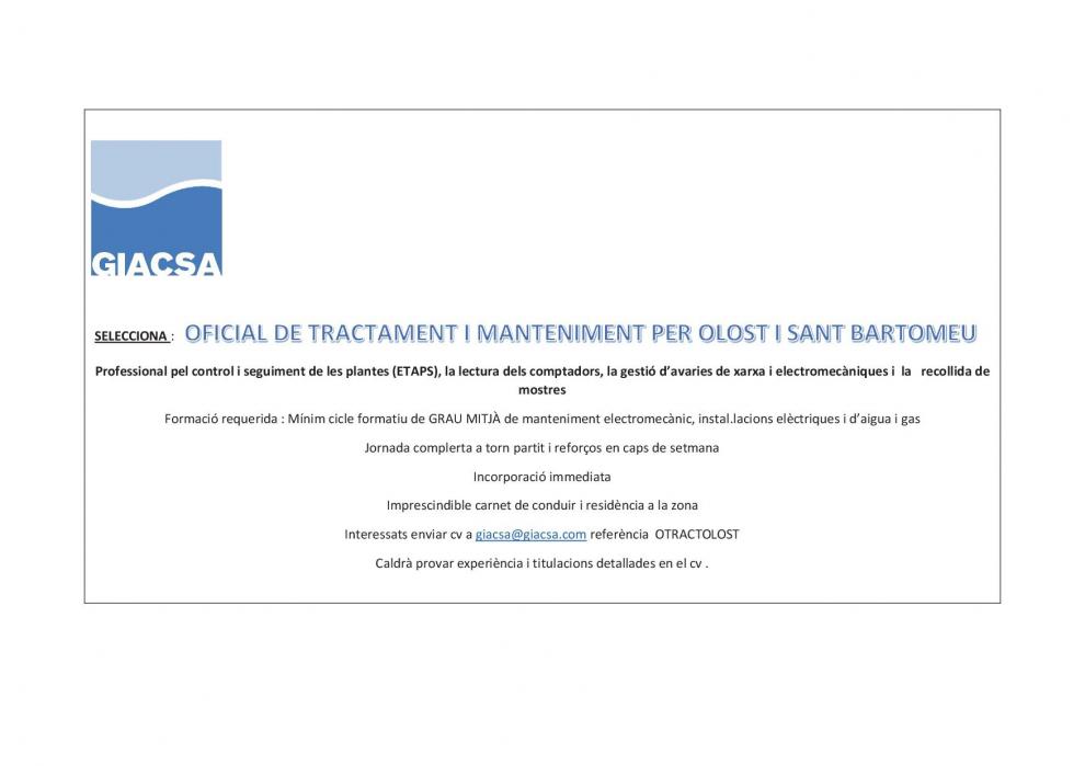 Oferta de feina per un oficial de tractament i manteniment d'aigues